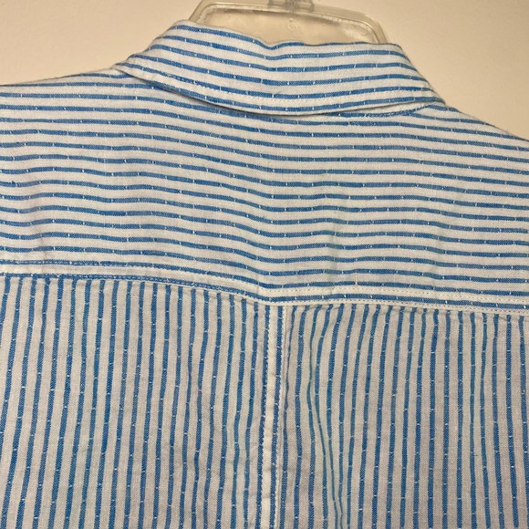 TALBOTS woman's size medium M 100% linen blue white striped button top shirt - Picture 4 of 12